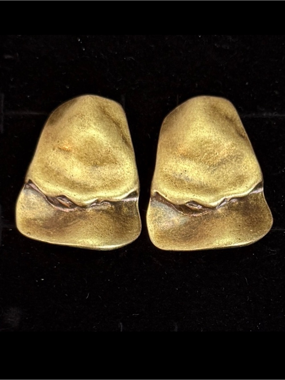 Vintage Aged Goldtone Brassrone Abstract Weighted Pierced Earrings